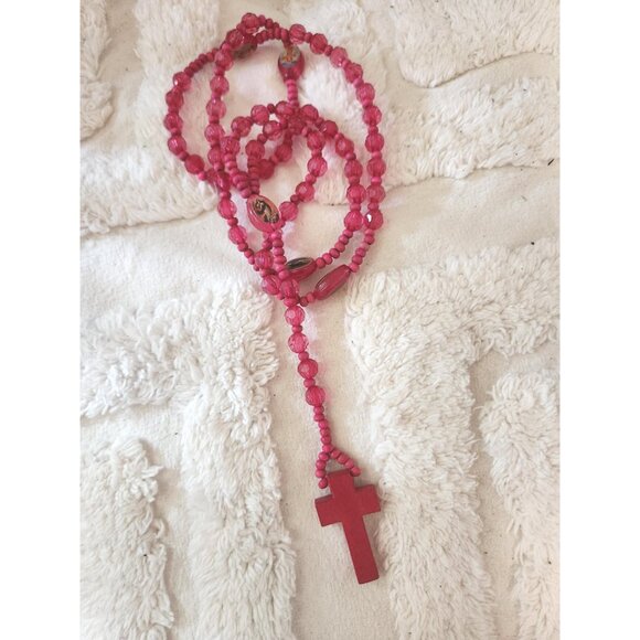 Pink Fuchsia Cross Necklace – Etched Wooden Crucifix with Plastic & Wood Beads - Picture 3 of 10